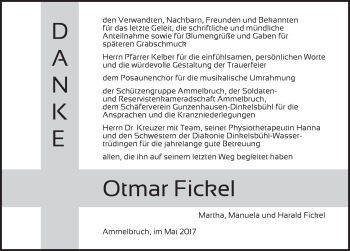 Traueranzeige von Otmar Fickel von Dinkelsbühl/ Feuchtwangen