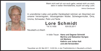 Traueranzeige von Lore Schmidt von Neustadt/ Scheinfeld/ Uffenheim