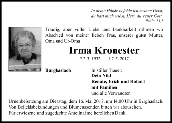 Traueranzeige von Irma Kronester von Neustadt/ Scheinfeld/ Uffenheim