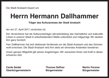 Traueranzeige von Hermann Dallhamm von Ansbach