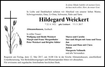 Traueranzeige von Hildegard Weickert von Neustadt/ Scheinfeld/ Uffenheim