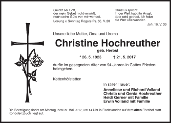 Traueranzeige von Christine Hochreuther von Ansbach