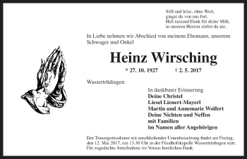 Traueranzeige von Heinz Wirsching von Dinkelsbühl/ Feuchtwangen