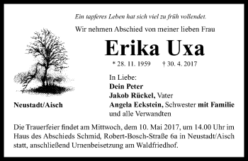 Traueranzeige von Erika Uxa von Neustadt/ Scheinfeld/ Uffenheim