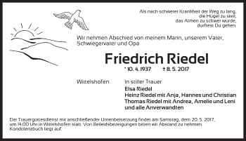 Traueranzeige von Friedrich Riedel von Dinkelsbühl/ Feuchtwangen