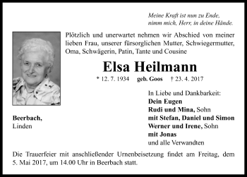 Traueranzeige von Elsa Heilmann von Neustadt/ Scheinfeld/ Uffenheim