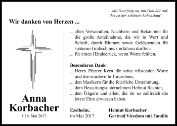 Traueranzeige von Anna Korbacher von Neustadt/ Scheinfeld/ Uffenheim