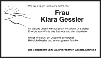 Traueranzeige von Klara Gessler von Dinkelsbühl/ Feuchtwangen