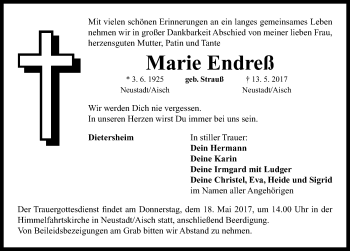 Traueranzeige von Marie Endreß von Neustadt/ Scheinfeld/ Uffenheim