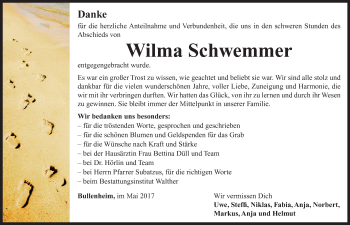 Traueranzeige von Wilma Schwemmer von Neustadt/ Scheinfeld/ Uffenheim