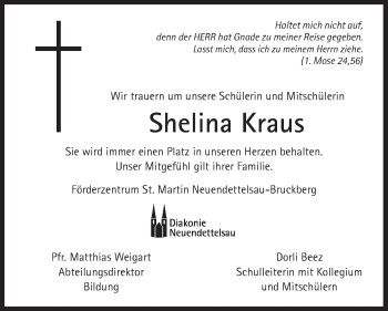 Traueranzeige von Shelina Kraus von Ansbach