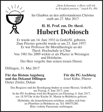 Traueranzeige von Hubert Dobiosch von Dinkelsbühl/ Feuchtwangen