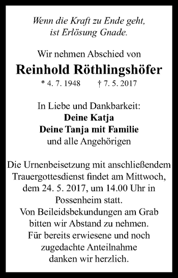 Traueranzeige von Reinhold Röthlingshöfer von Neustadt/ Scheinfeld/ Uffenheim