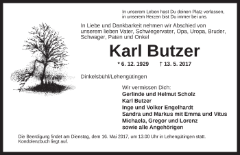 Traueranzeige von Karl Butzer von Dinkelsbühl/ Feuchtwangen