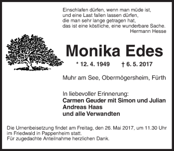 Traueranzeige von Monika Edes von Ansbach