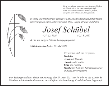 Traueranzeige von Josef Schübel von Ansbach