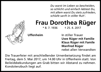 Traueranzeige von Dorothea Rüger von Neustadt/ Scheinfeld/ Uffenheim