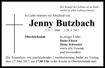 Traueranzeige von Jenny Butzbach von Neustadt/ Scheinfeld/ Uffenheim