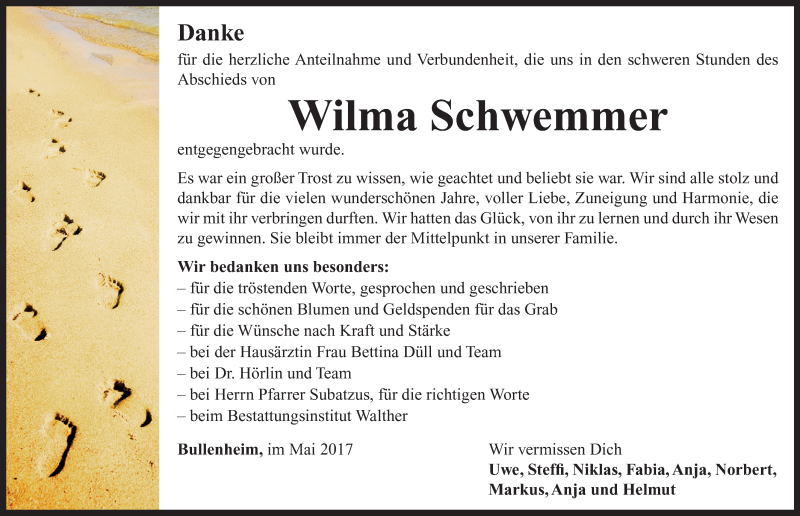  Traueranzeige für Wilma Schwemmer vom 13.05.2017 aus Neustadt/ Scheinfeld/ Uffenheim
