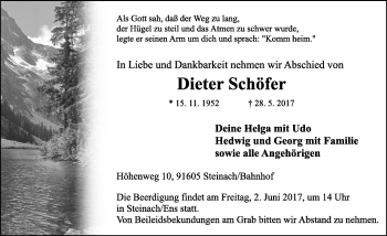 Traueranzeige von Dieter Schöfer von Neustadt/ Scheinfeld/ Uffenheim