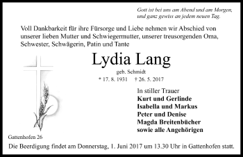 Traueranzeige von Lydia Lang von Rothenburg