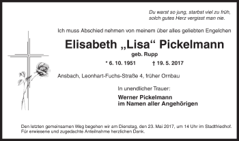 Traueranzeige von Elisabeth Pickelman von Ansbach