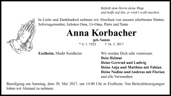 Traueranzeige von Anna Korbacher von Neustadt/ Scheinfeld/ Uffenheim