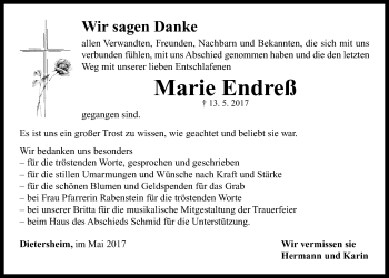 Traueranzeige von Marie Endreß von Neustadt/ Scheinfeld/ Uffenheim