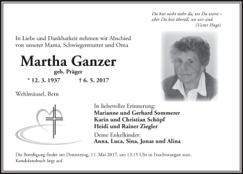 Traueranzeige von Martha Ganzer von Dinkelsbühl/ Feuchtwangen