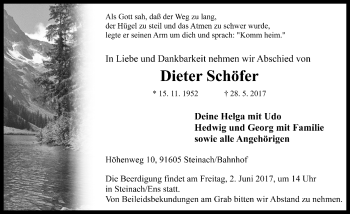 Traueranzeige von Dieter Schöfer von Rothenburg