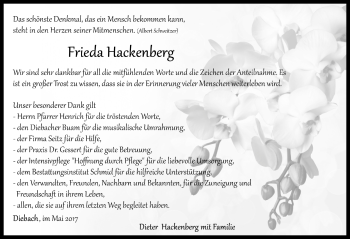 Traueranzeige von Frieda Hackenberg von Rothenburg