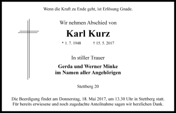 Traueranzeige von Karl Kurz von Rothenburg