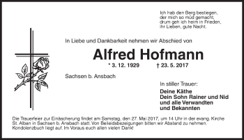 Traueranzeige von Alfred Hofmann von Ansbach