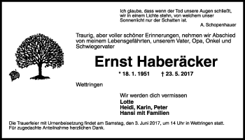 Traueranzeige von Ernst Haberäcker von Rothenburg