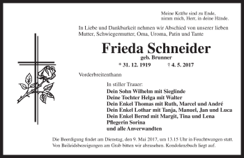 Traueranzeige von Frieda Schneider von Dinkelsbühl/ Feuchtwangen