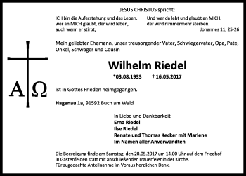 Traueranzeige von Wilhelm Riedel von Rothenburg