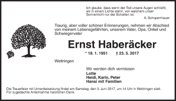 Traueranzeige von Ernst Haberäcker von Ansbach