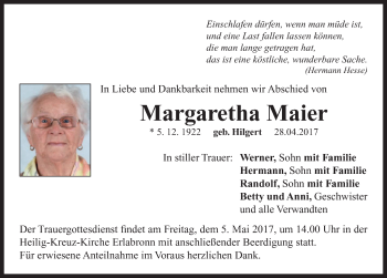 Traueranzeige von Margaretha Maier von Neustadt/ Scheinfeld/ Uffenheim