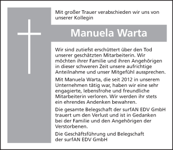 Traueranzeige von Manuela Warta von Ansbach