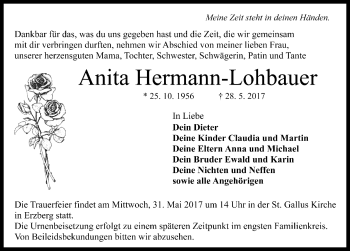 Traueranzeige von Anita Hermann-Lohbauer von Rothenburg