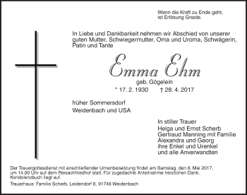 Traueranzeige von Emma Ehm von Ansbach