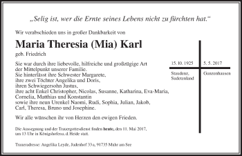 Traueranzeige von Maria Theresia Mia Karl von Dinkelsbühl/ Feuchtwangen