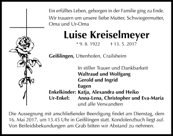 Traueranzeige von Luise Kreiselmeyer von Neustadt/ Scheinfeld/ Uffenheim