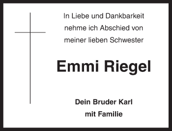 Traueranzeige von Emmi Riegel von Ansbach