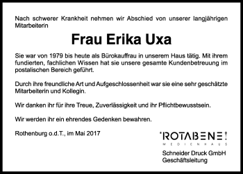 Traueranzeige von Erika Uxa von Neustadt/ Scheinfeld/ Uffenheim