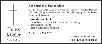 Traueranzeige von Heinz Köhler von Dinkelsbühl/ Feuchtwangen