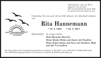 Traueranzeige von Rita Hannemann von Dinkelsbühl/ Feuchtwangen
