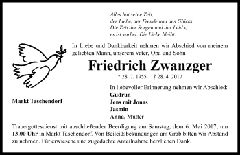 Traueranzeige von Friedrich Zwanzger von Neustadt/ Scheinfeld/ Uffenheim