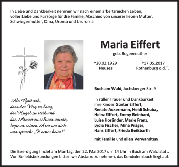Traueranzeige von Maria Eiffert von Rothenburg