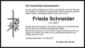 Traueranzeige von Frieda Schneider von Dinkelsbühl/ Feuchtwangen